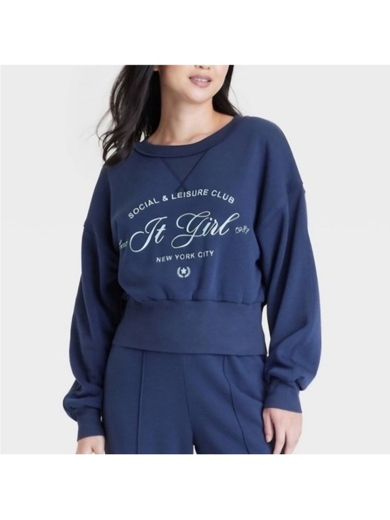 Grayson Threads Tops - Grayson Threads Navy "It Girl" Cropped Crewneck Sweatshirt Size Large EUC